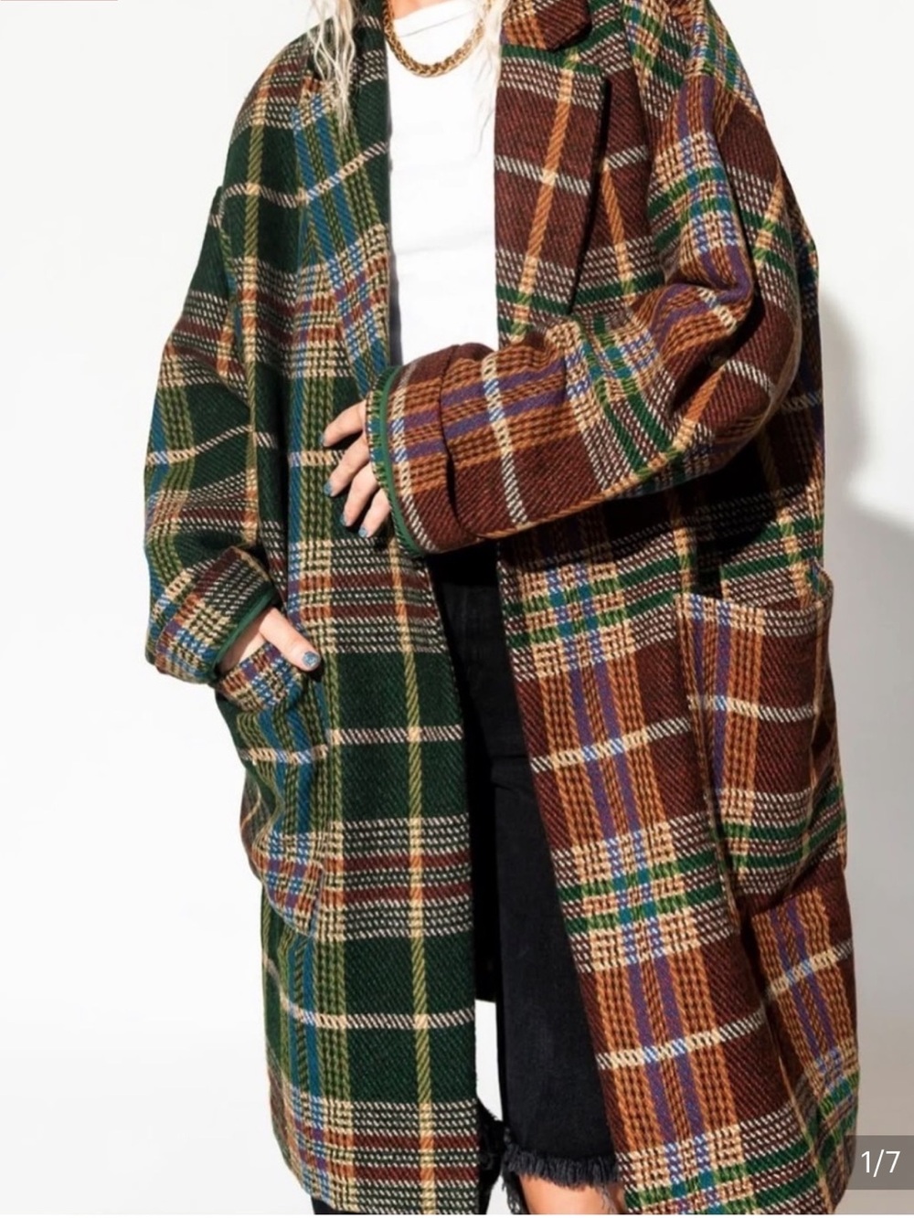 Dressed In Lala Scorpio 2.0 Half & Half Dual Plaid Open Car Coat Green Brown S/M
